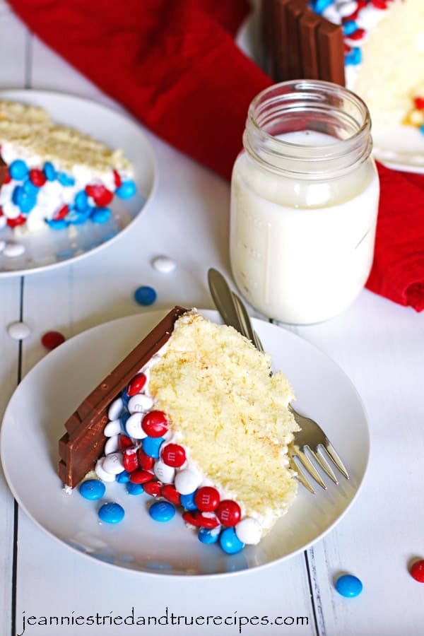 Sliced M&M Cake on white plates with a fork. A glass of milk is next to the plate.