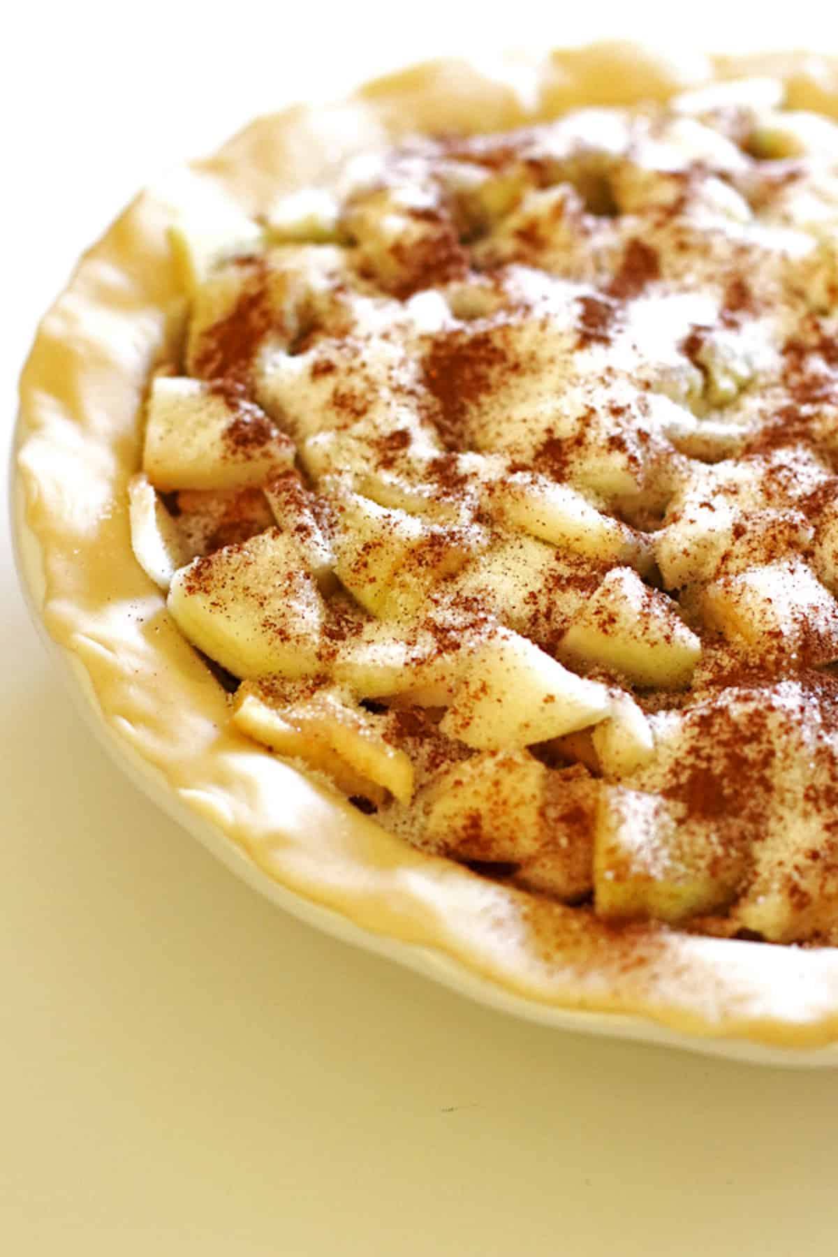 Sliced apples in pie crust with sugar and spices sprinkled over them