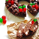 Fudge shaped into a Christmas wreath decorated with green and red candies
