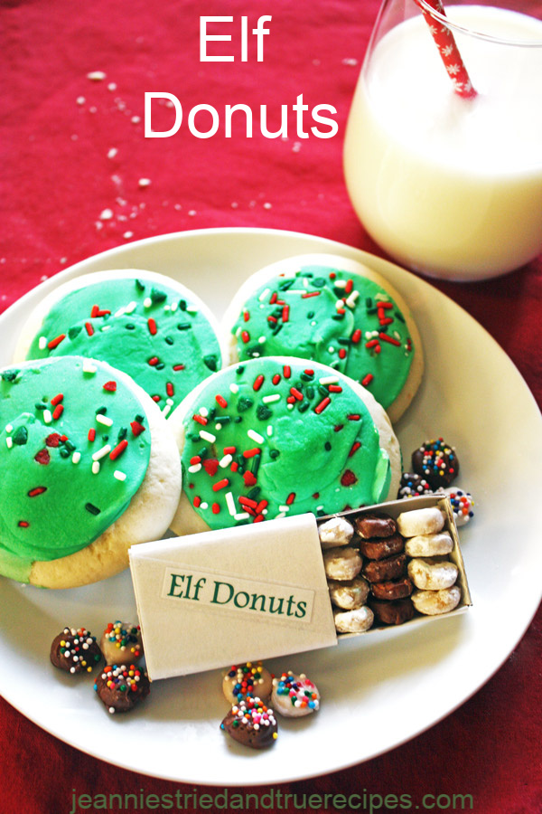 Elf Donuts are a delicious little treat to make for your elf on the shelf that will be visiting at Christmas! Kid friendly to make! #Christmascookies #elfontheshelf #elfdonuts #christmas