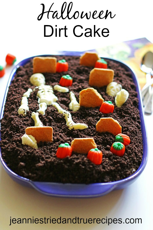 Dirt Cake decorated for Halloween as a graveyard in a baking dish