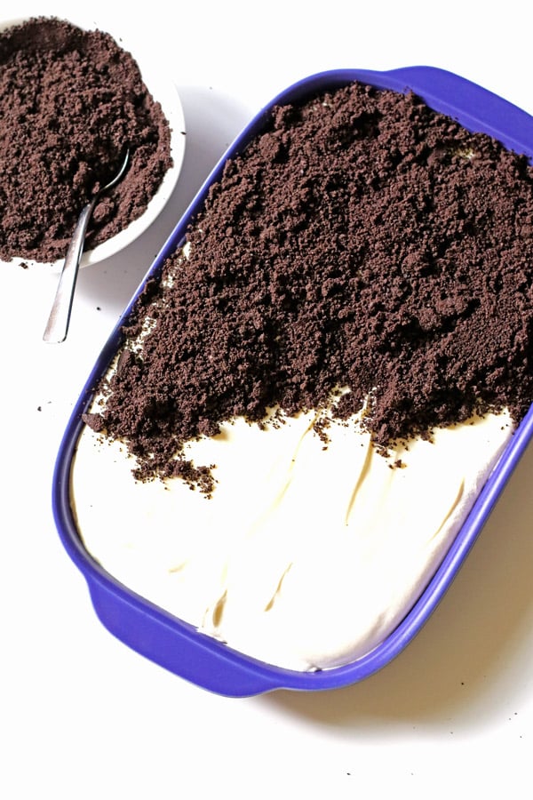 Crushed up chocolate cookie crumbs sprinkled over the pudding mixture to make the dirt cake