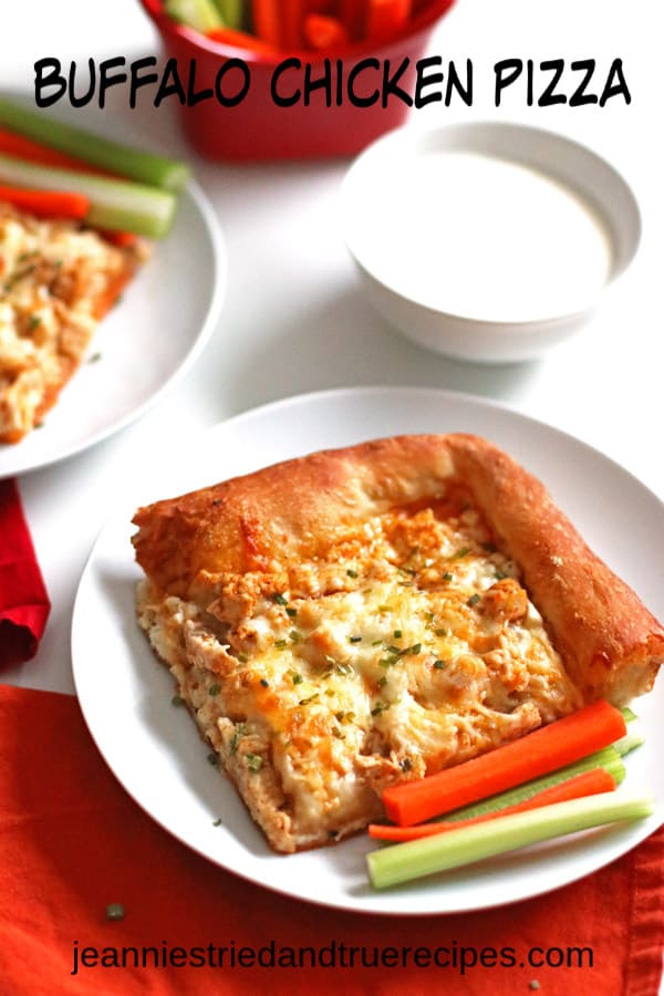 Homemade pizza just got better with this Buffalo Chicken Pizza! If you love Buffalo chicken wings, you will love this pizza. Perfect for watching the game. #superbowlfood #pizzarecipe #buffalochicken #dinnerrecipe