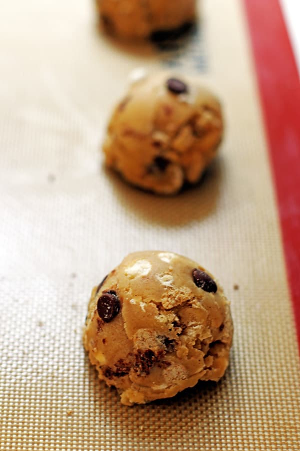 S'mores Cookie dough balls on baking sheet
