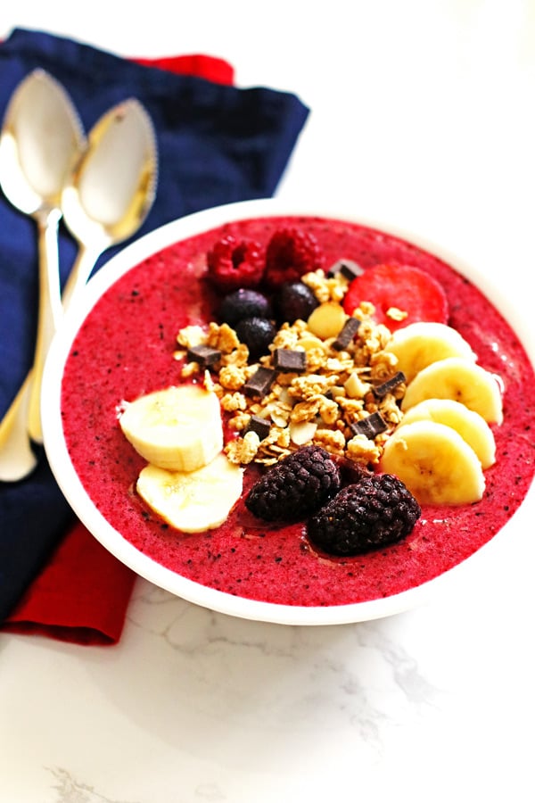 This Berry Banana Smoothie Bowl is a great recipe for breakfast or snack. Recipe can be found at Jeannie's Tried and True Recipes.