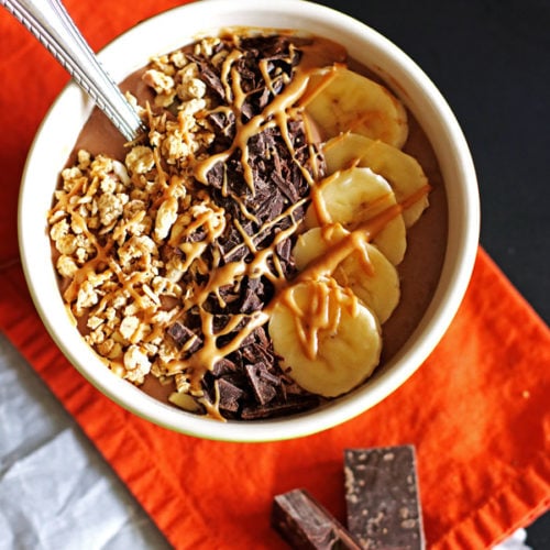 This Chocolate Peanut Butter Smoothie Bowl is perfect for breakfast or an afternoon snack.