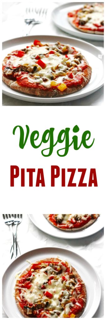 This recipe for Veggie Pita Pizza makes individual pizzas on whole wheat pitas covered with peppers, onion, mushrooms and cheese.