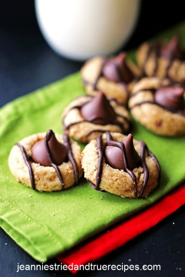 Peanut Butter Kiss Cookies on green and red napkins