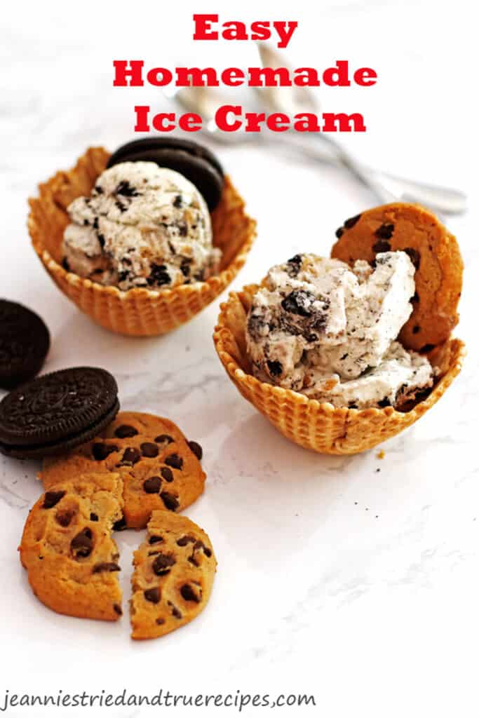 No Churn Ice Cream made with crushed up cookies scooped into waffle cones. Cookies are sitting next to the ice cream.