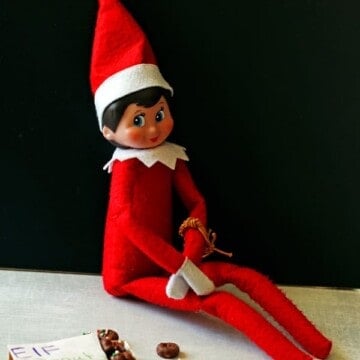 Elf on the shelf sitting with elf donuts