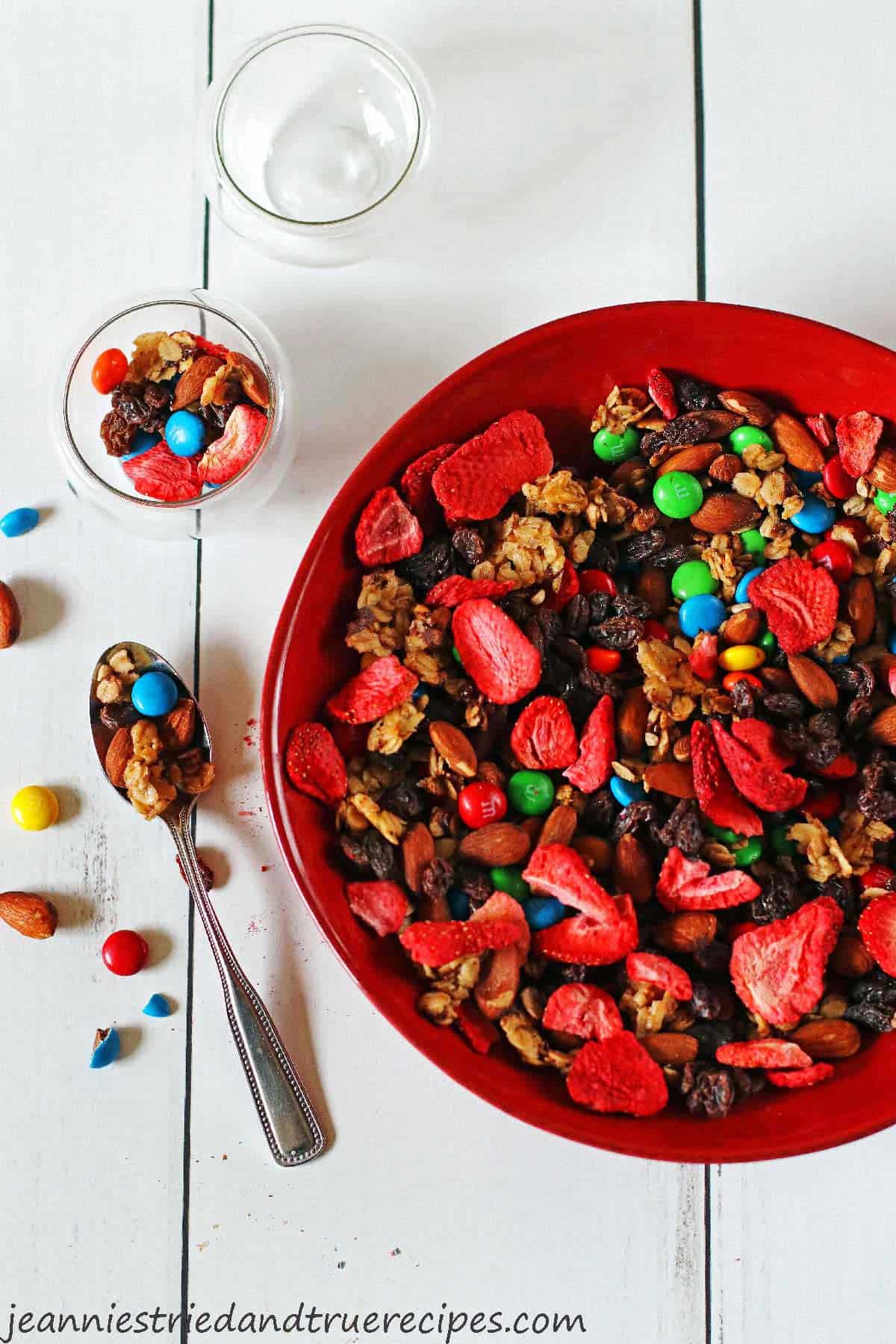 Homemade trail mix in a red bowl