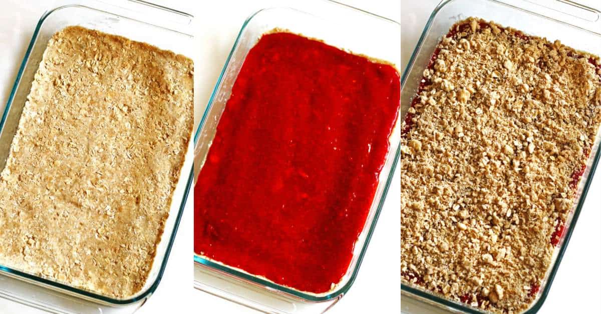 A collage of images showing how to layer the filling in strawberry rhubarb crumble bars.