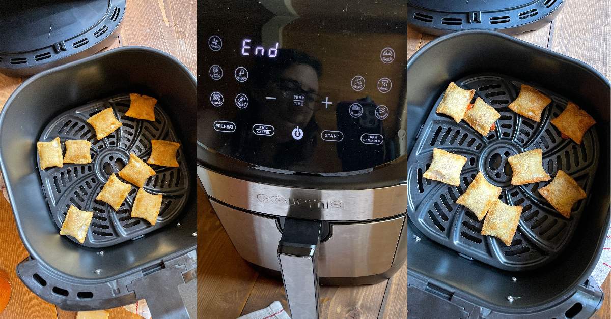 A collage of images showing how to make pizza rolls in an air fryer.