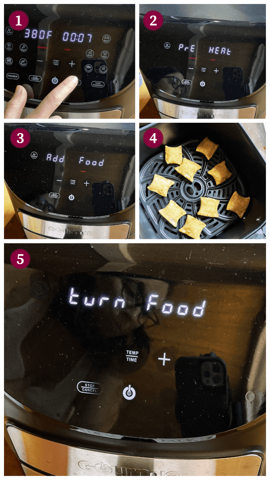 A collage of images showing how to cook pizza rolls in an air fryer, steps 1 - 5.