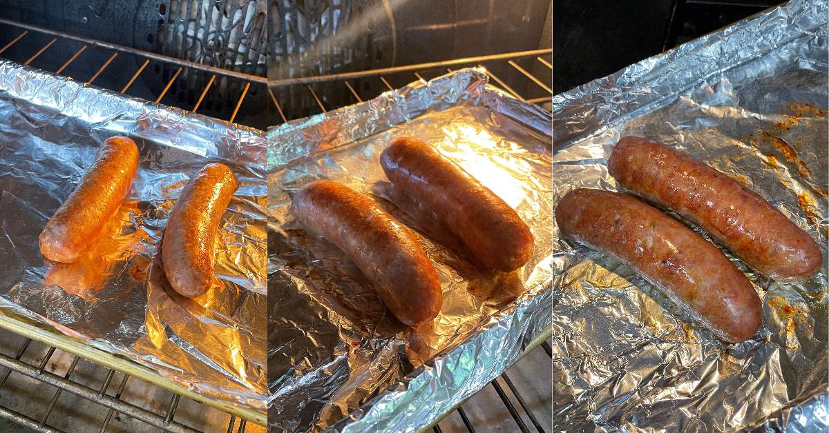 A collage of images showing how to cook Italian sausage in the oven.