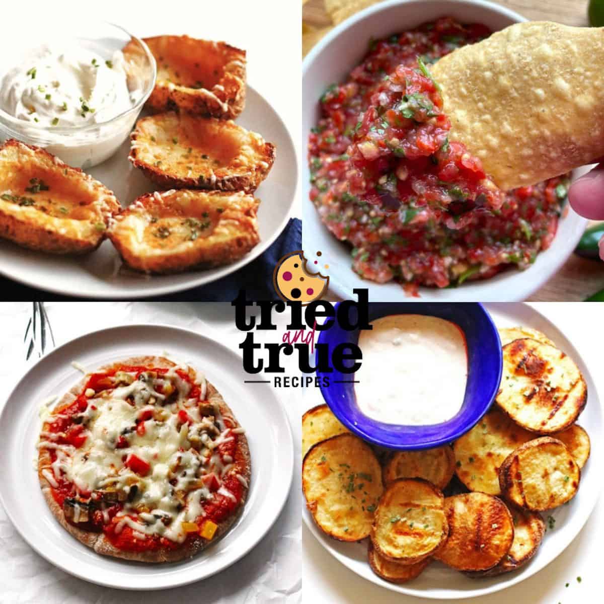 A collage of images showing appetizers for pizza - potato skins, chips and salsa, grilled potatoes with blue cheese, and a pita pizza.