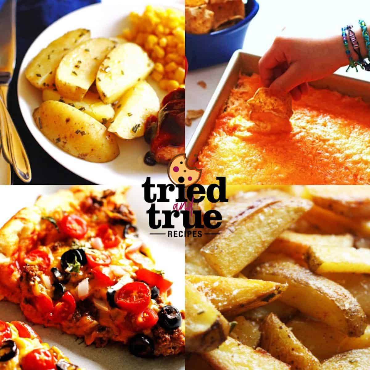 A collage of images showing appetizers for pizza - taco pizza, buffalo chicken dip, potato wedges, and baked french fries.