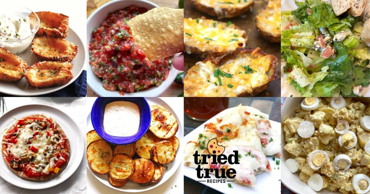 A Facebook collage of a collage of images showing appetizers for pizza - taco pizza, buffalo chicken dip, potato wedges, baked french fries potato skins, buffalo chicken dip, potato salad, and white pizza.