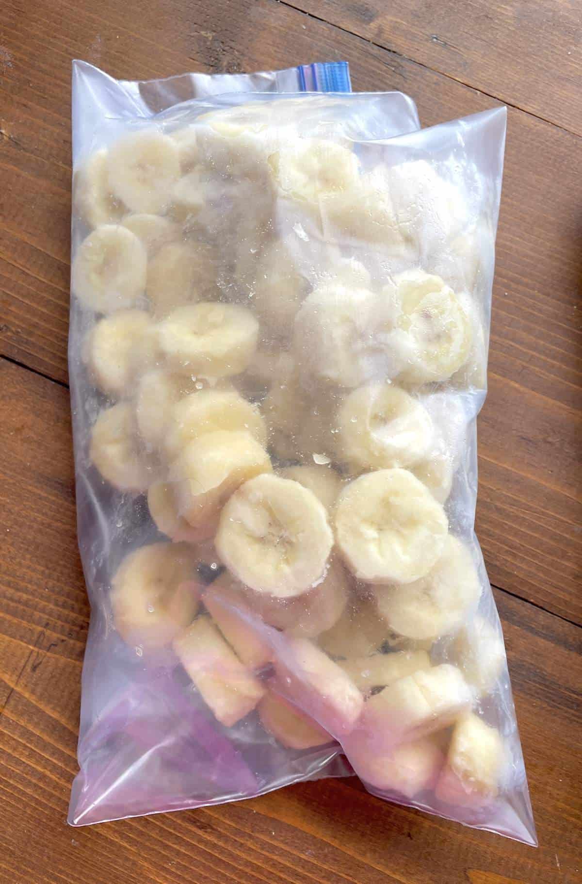 A bag of frozen banana slices prepped for smoothies.