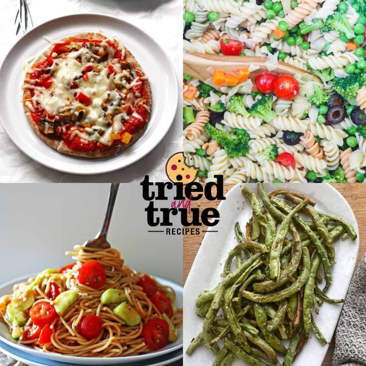 A collage of images showing healthy side dishes for pizza from pasta salad to air fried green beans, with a pita pizza.