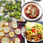 A collage of images showing healthy sides for pizza, roasted broccoli, roasted squash, and antipasto pasta salad with a pita pizza.