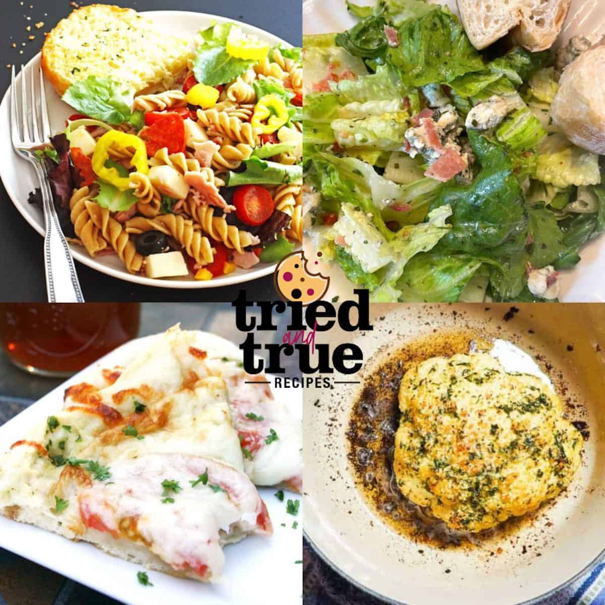 A collage of images showing healthy sides for pizza, roasted cauliflower, a side salad, and antipasto pasta salad with a white pizza.