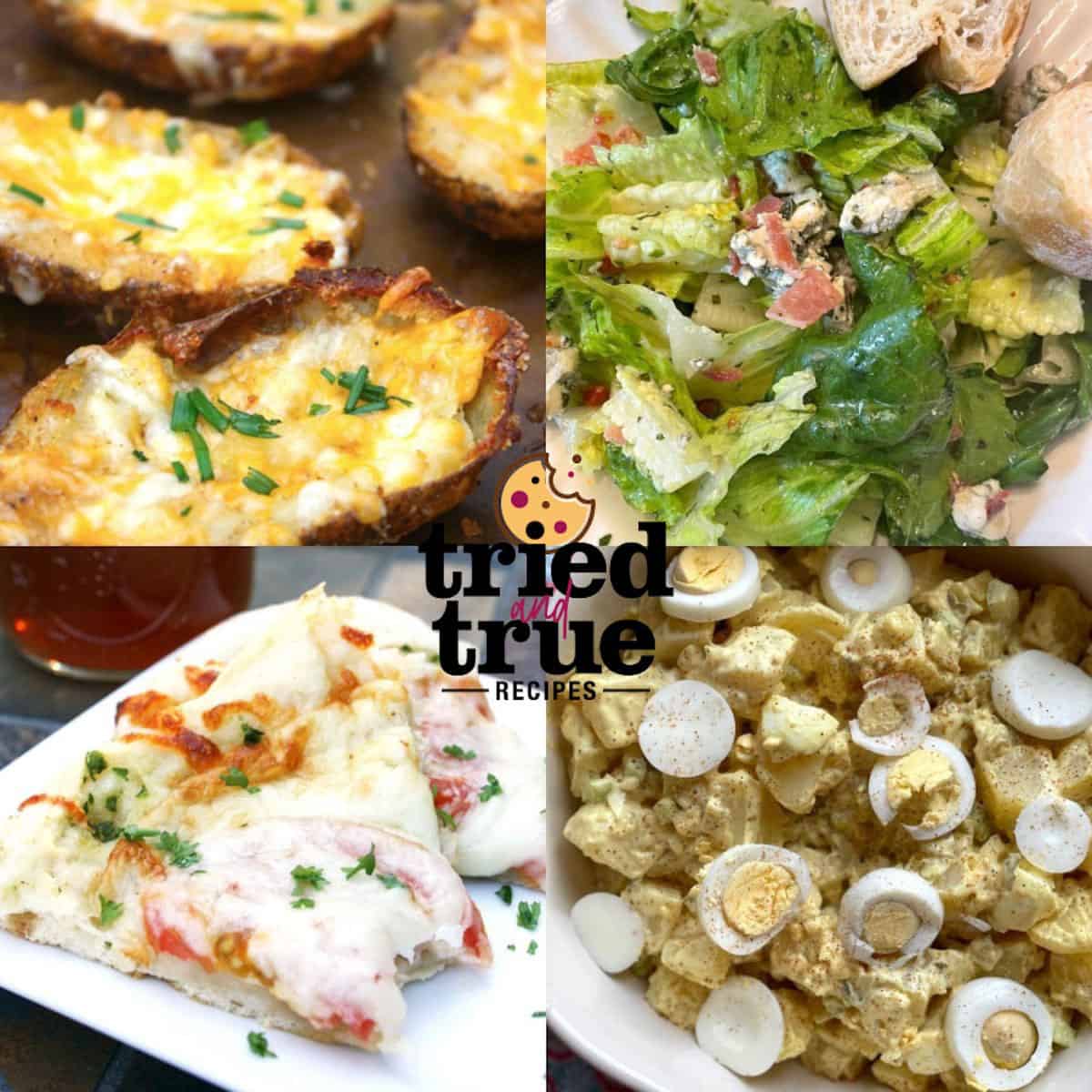 A collage of images showing appetizers for pizza - potato skins, green salad, potato salad, and white pizza.