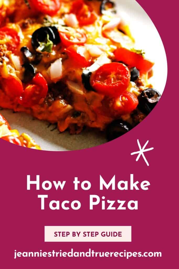 A pin image of a slice of loaded taco pizza.