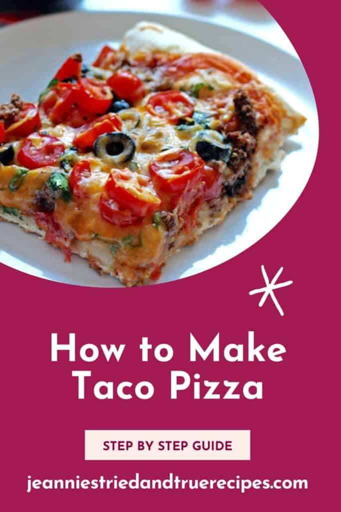 A pin image of a square slice of taco pizza topped with cheese, black olives, and tomatoes.