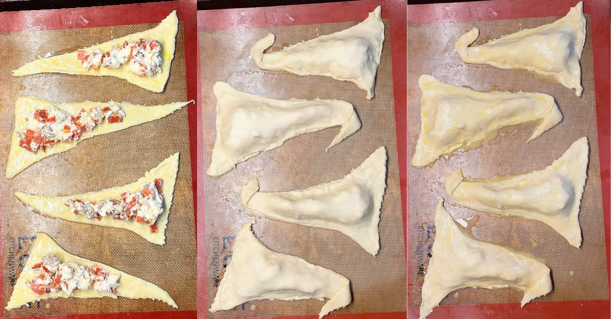 A collage of images showing how to fill witch hat calzones and coat them with egg wash.