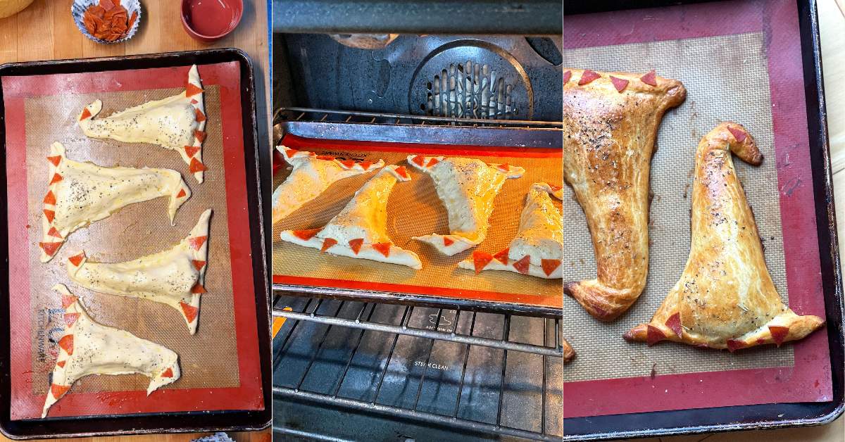 A collage of images showing how to bake witch hat calzones from raw to golden brown.