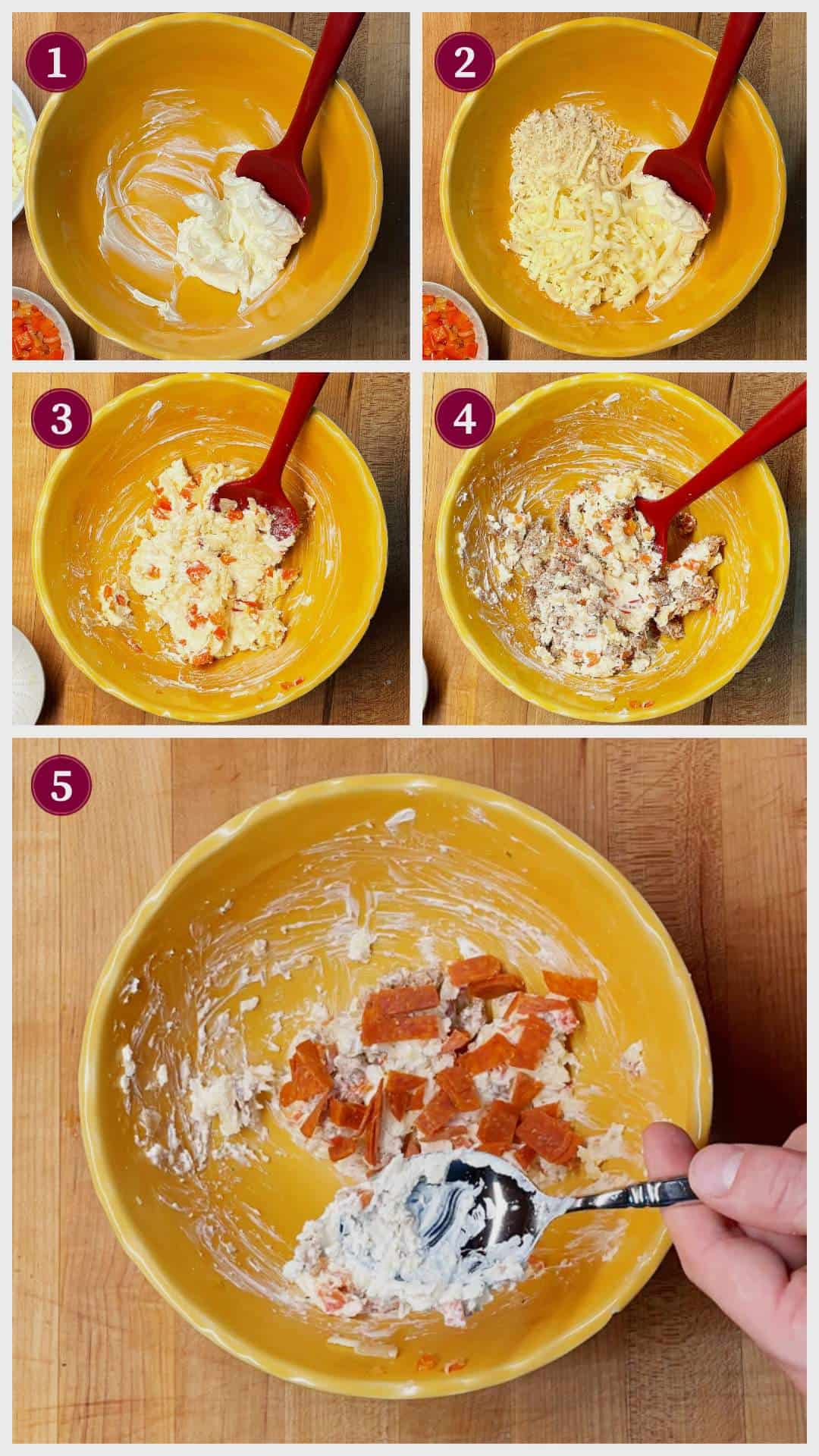 A collage of images showing how to mix up the filling for witch hat calzones, steps 1 - 5.