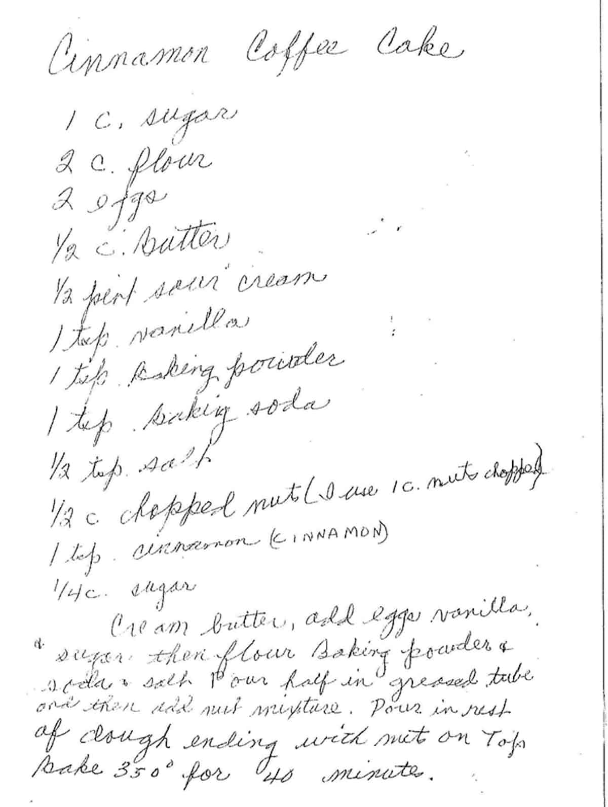 A handwritten recipe for cinnamon coffee cake.
