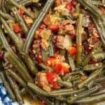 A Facebook image of southern-style green beans in a blue bowl.