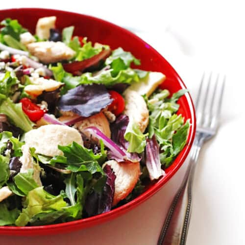 A red bowl of fuji apple salad with red leaf lettuce and greens, red onions, tomatoes, chicken, apple chips, gorgonzola, and balsamic dressing.