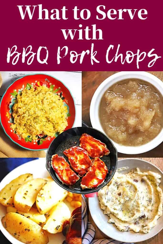 A pin image of a collage of images showing what to serve with pork chops - applesauce, potatoes, and rice.