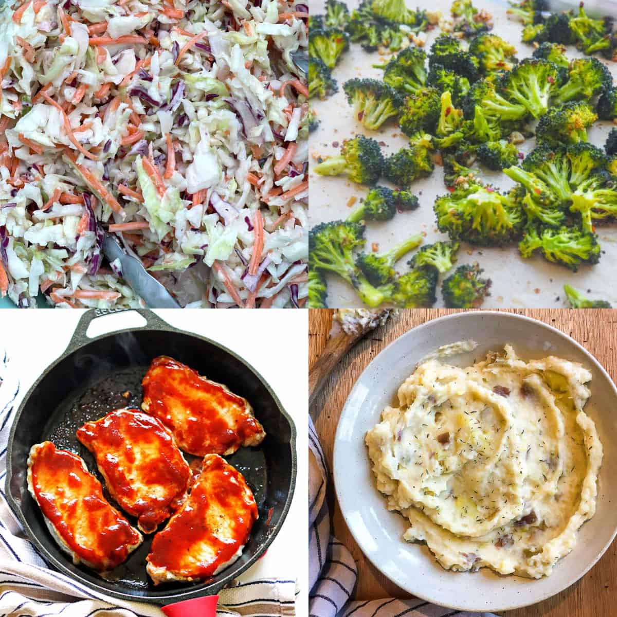 A collage of images showing what to serve with pork chops - coleslaw, potatoes, and broccoli.