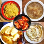 A collage of images showing what to serve with pork chops - applesauce, potatoes, and rice.