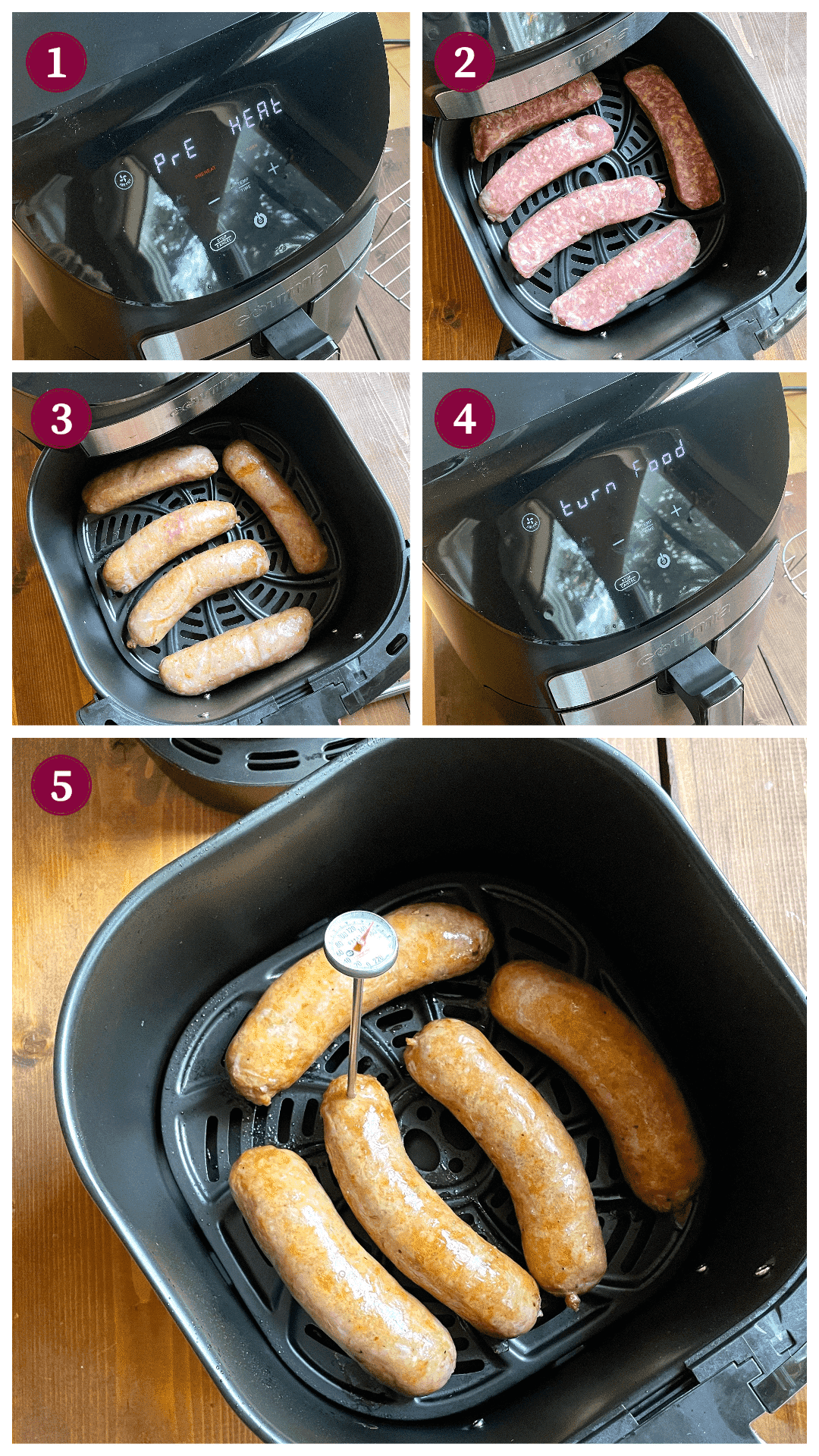 A collage of images showing how to air fry Italian sausage, steps 1-5.