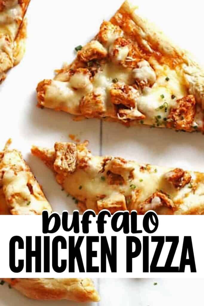 A pin image of slices of buffalo chicken pizza topped with chives on a white table.