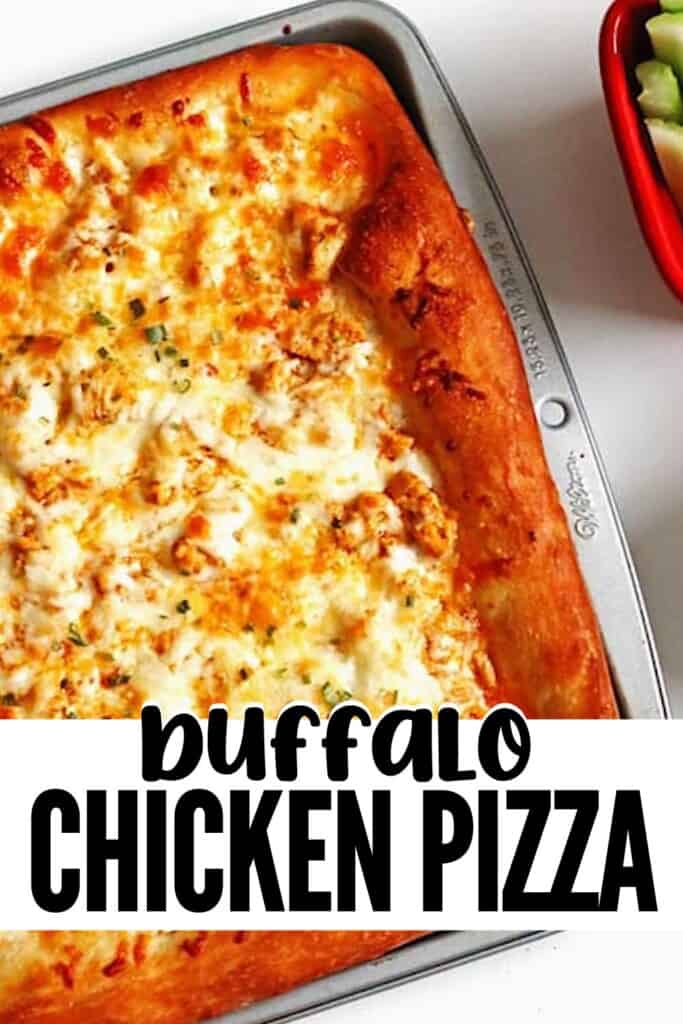 A homemade buffalo chicken pizza in a sheet pan.