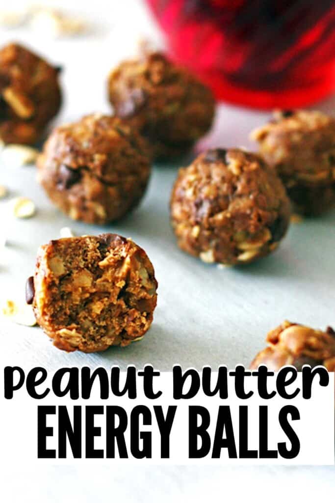 A pin image of peanut butter energy balls in front of a red bowl with a bite taken out of one of them.