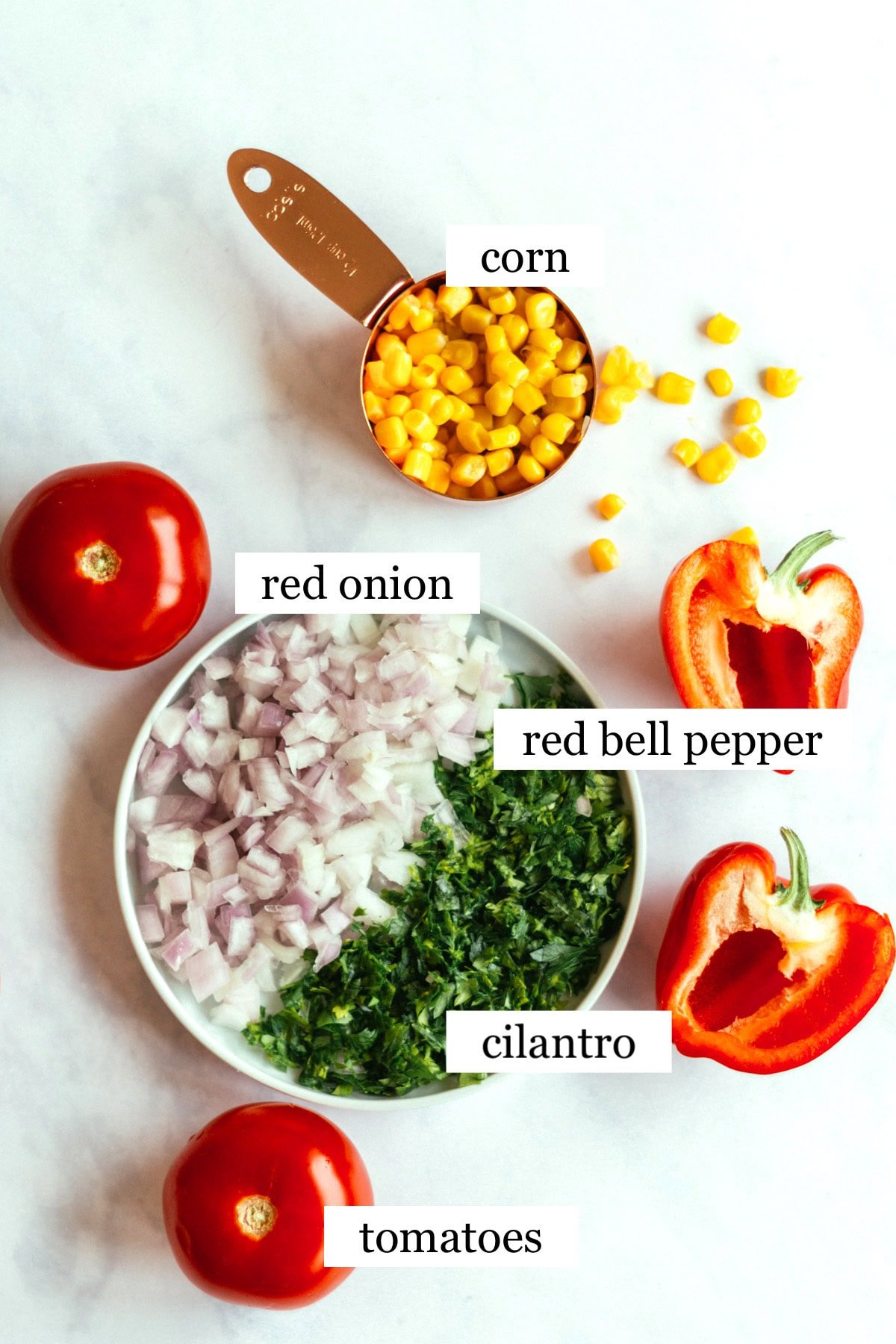 The ingredients in corn pico de gallo, laid out and labeled - corn, red onion, red bell pepper, cilantro, and tomatoes.