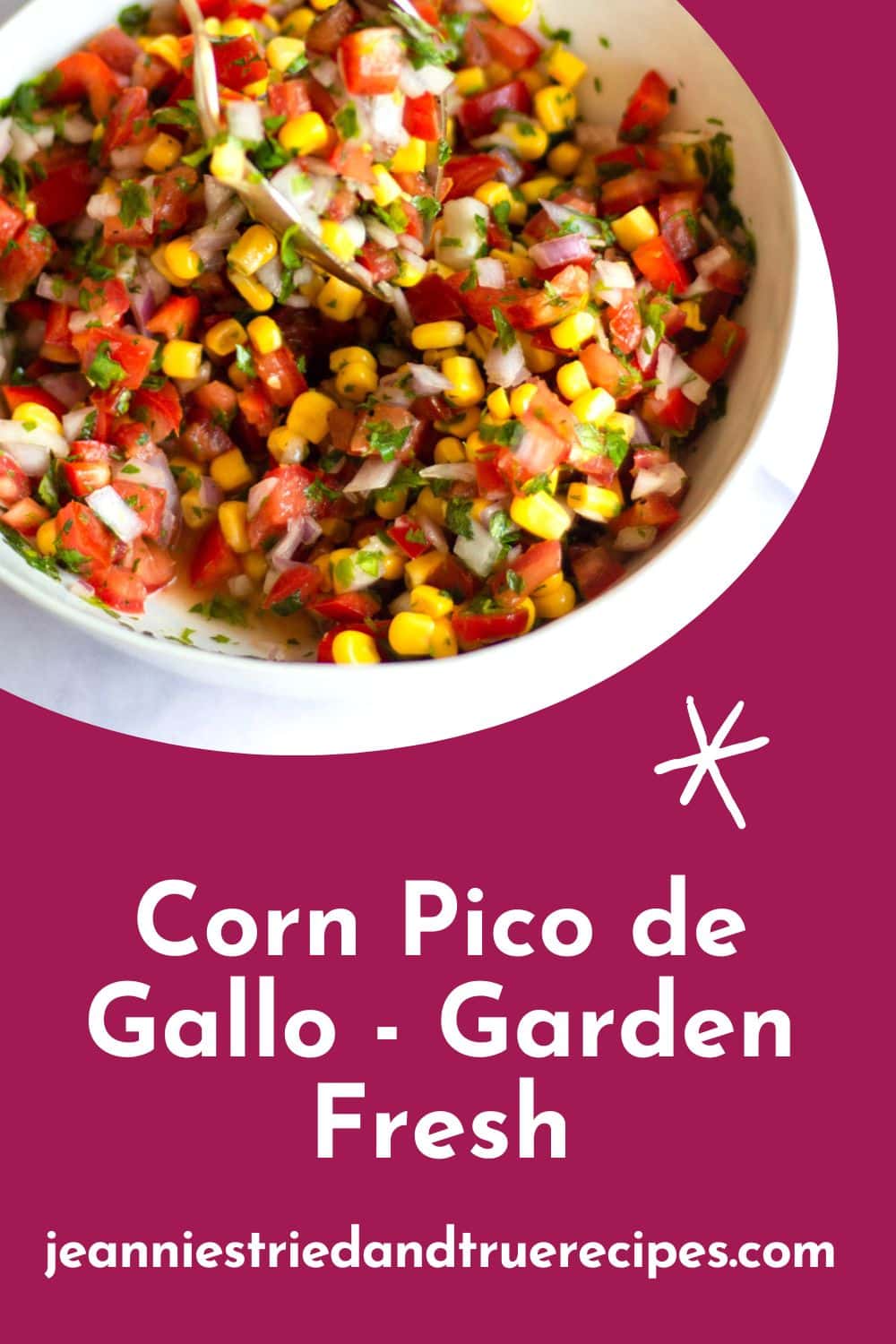 A pin image of a bowl of corn pico de gallo being tossed by two gold spoons.