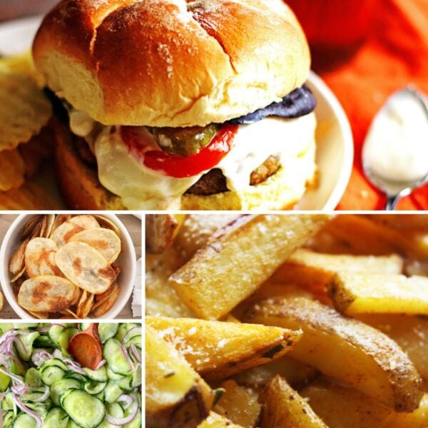 A collage of images showing healthy sides to serve with burgers and hot dogs - baked french fries, baked chips, and cucumber salad.