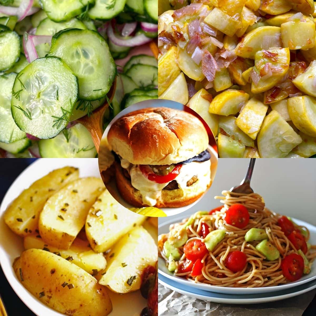 A collage of images showing healthy sides to serve with burgers and hot dogs - sautéed squash, potato wedges, and cucumber salad.