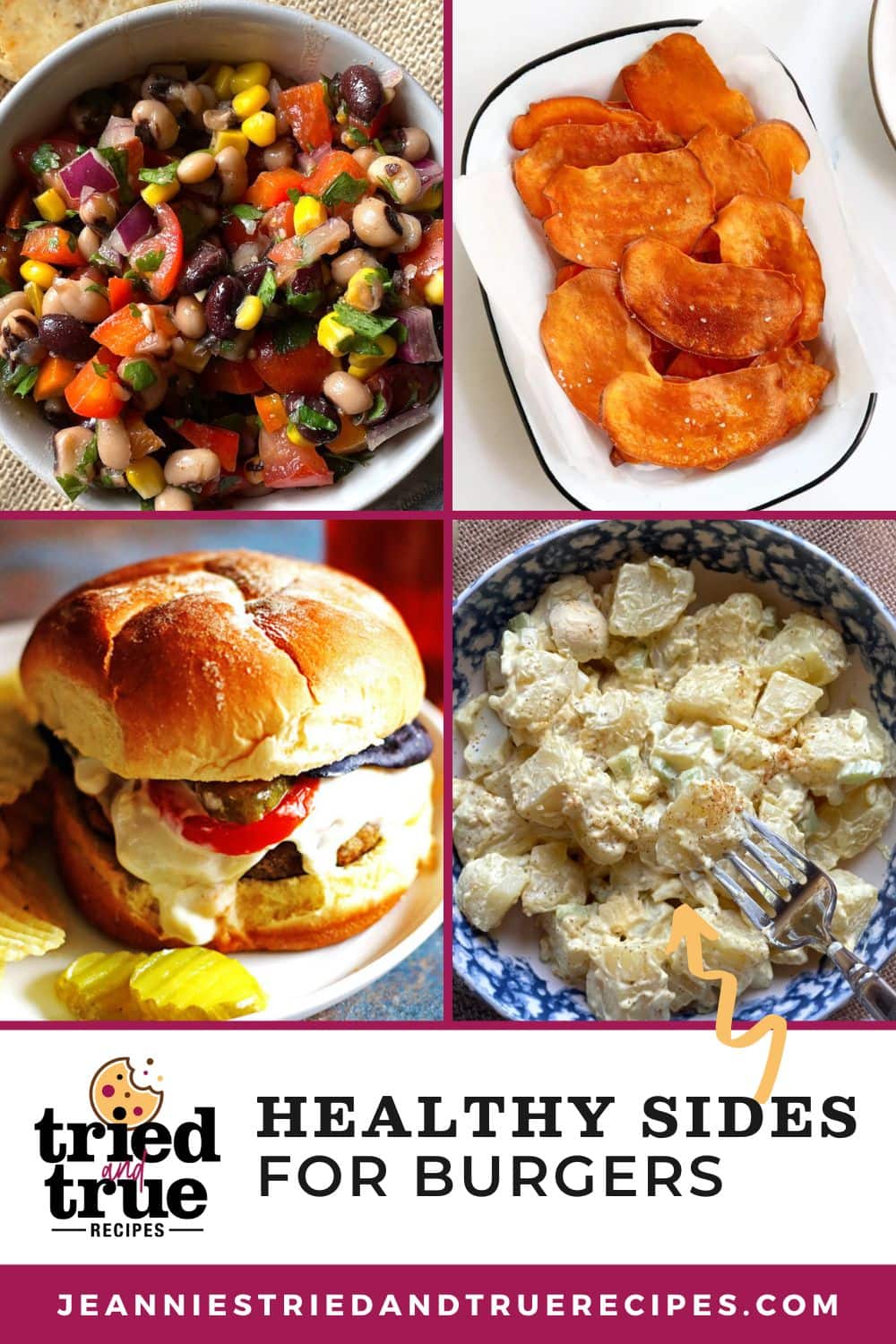 A pin image of a collage of images showing healthy sides to serve with burgers and hot dogs - potato salad, cowboy caviar, and baked sweet potato chips.