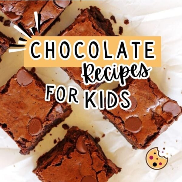 A picture of homemade brownies with overlay text that says chocolate recipes for kids.