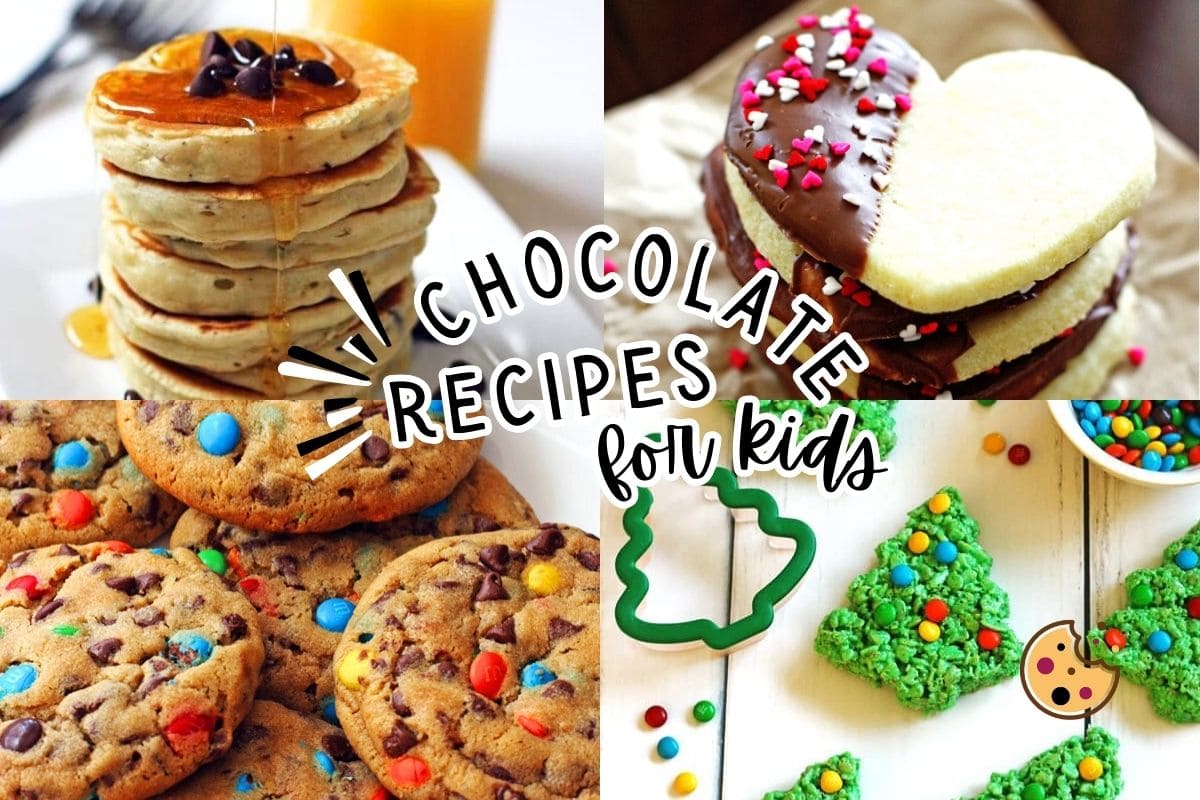 A collage of chocolate recipes for kids, chocolate chip pancakes, m and m cookies, sugar cookies, and Christmas tree rice krispie treats.