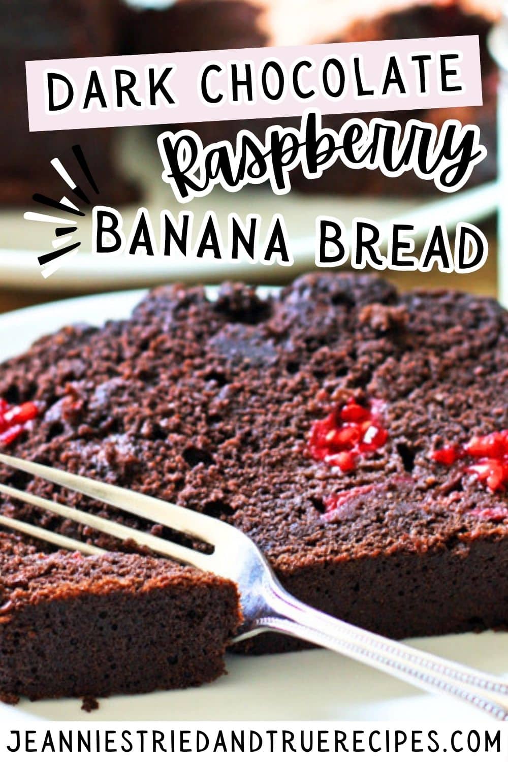 A pin image of a slice of dark chocolate raspberry banana bread on a white plate with a fork.